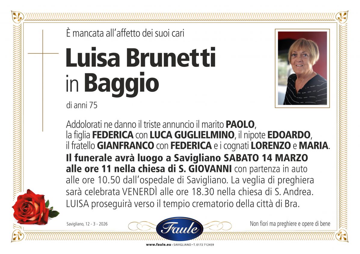 Lutto Luisa Brunetti in Baggio Onoranze funebri Faule
