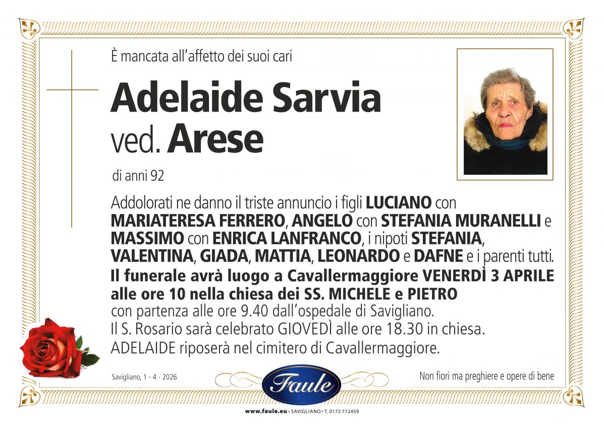 Lutto Adelaide Sarvia ved. Arese Onoranze funebri Faule