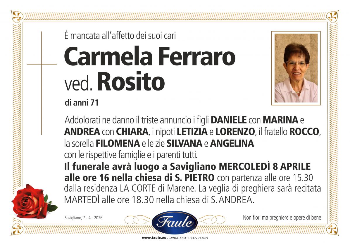 Lutto Carmela Ferraro ved. Rosito Onoranze funebri Faule