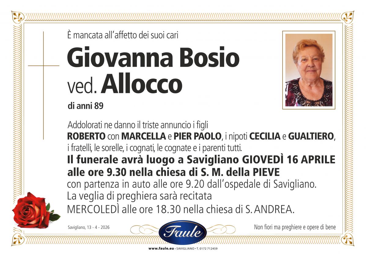 Lutto Giovanna Bosio ved. Allocco Onoranze funebri Faule