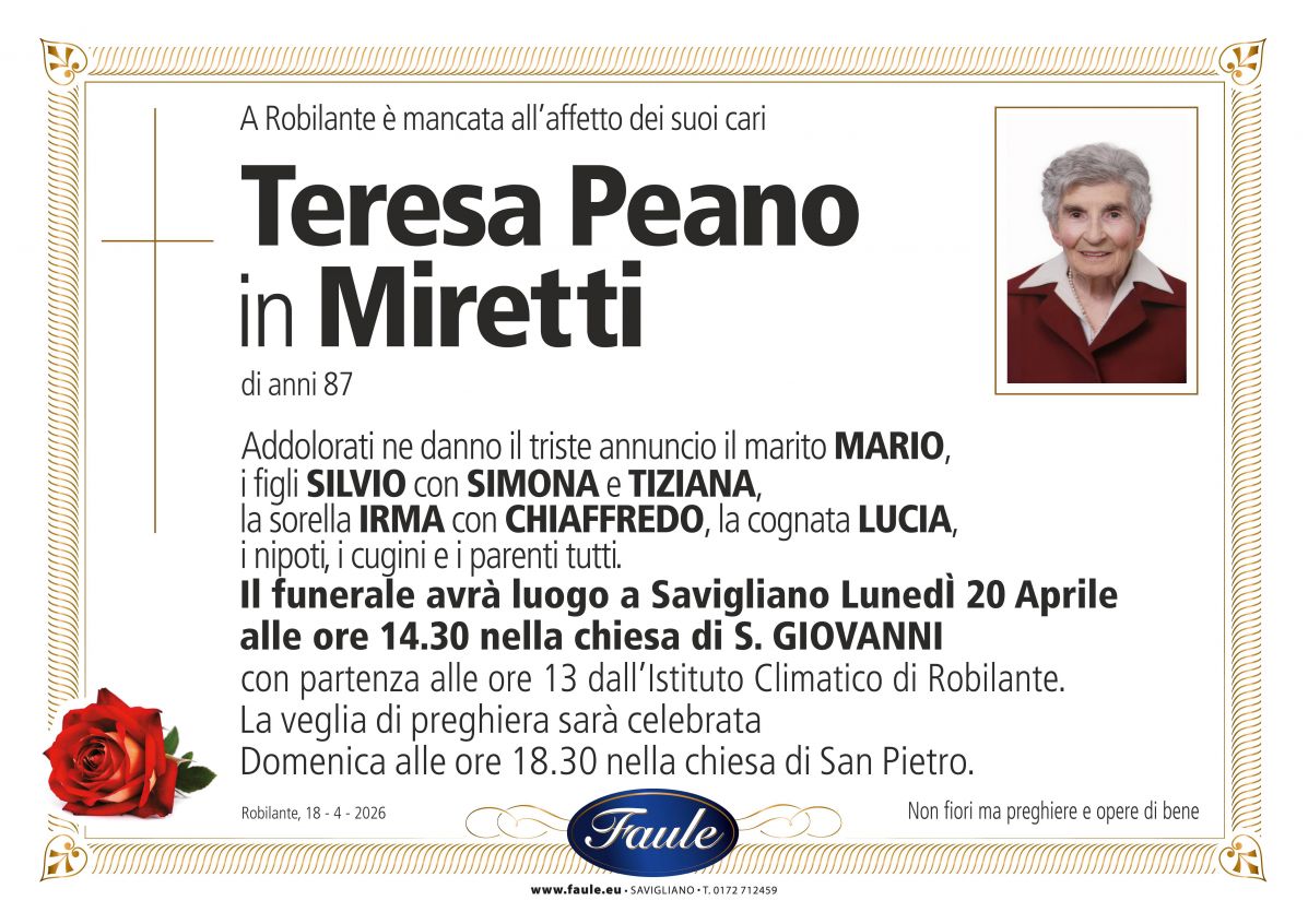 Lutto Teresa Peano in Miretti Onoranze funebri Faule
