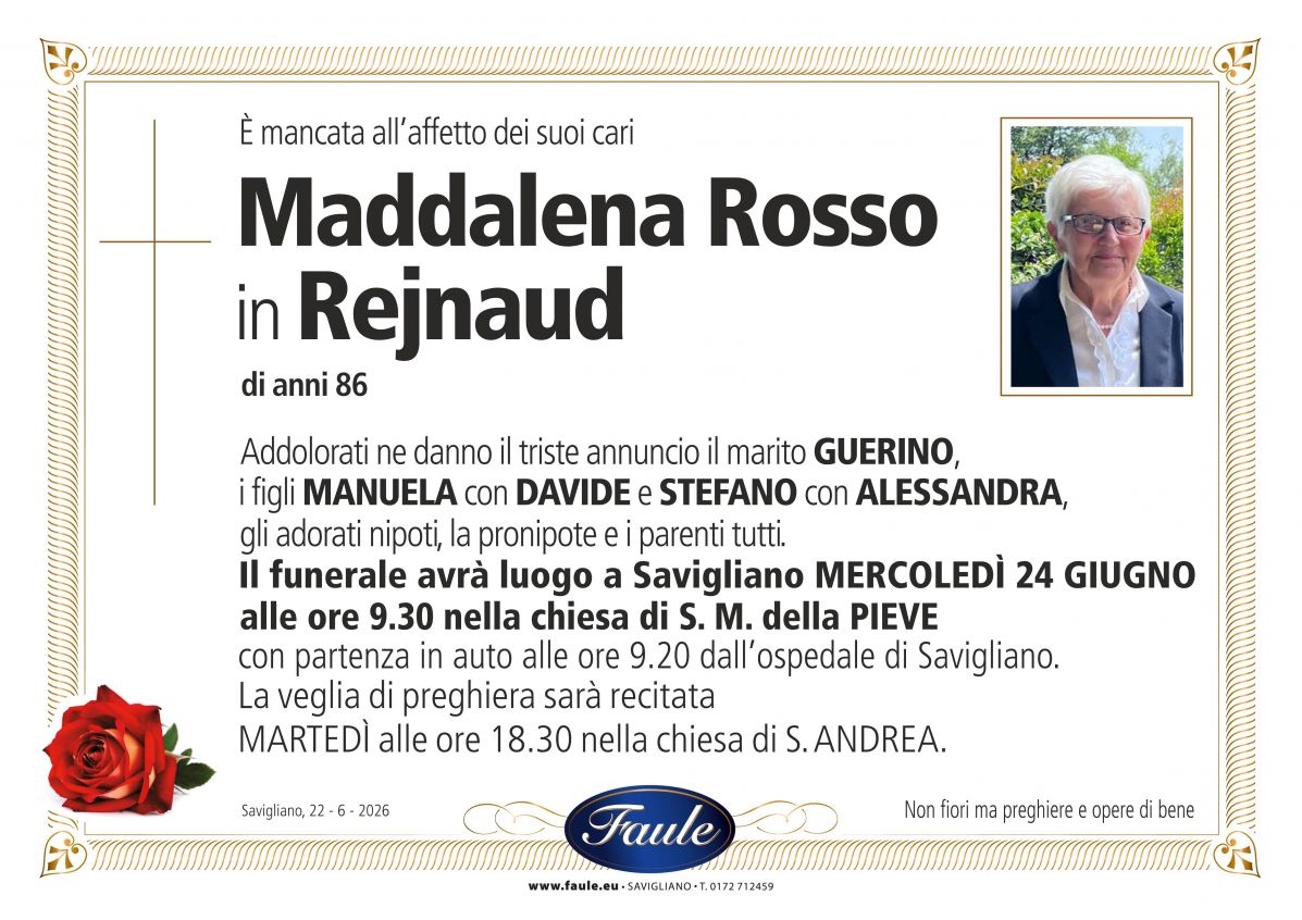 Lutto Maddalena Rosso in Rejnaud Onoranze funebri Faule