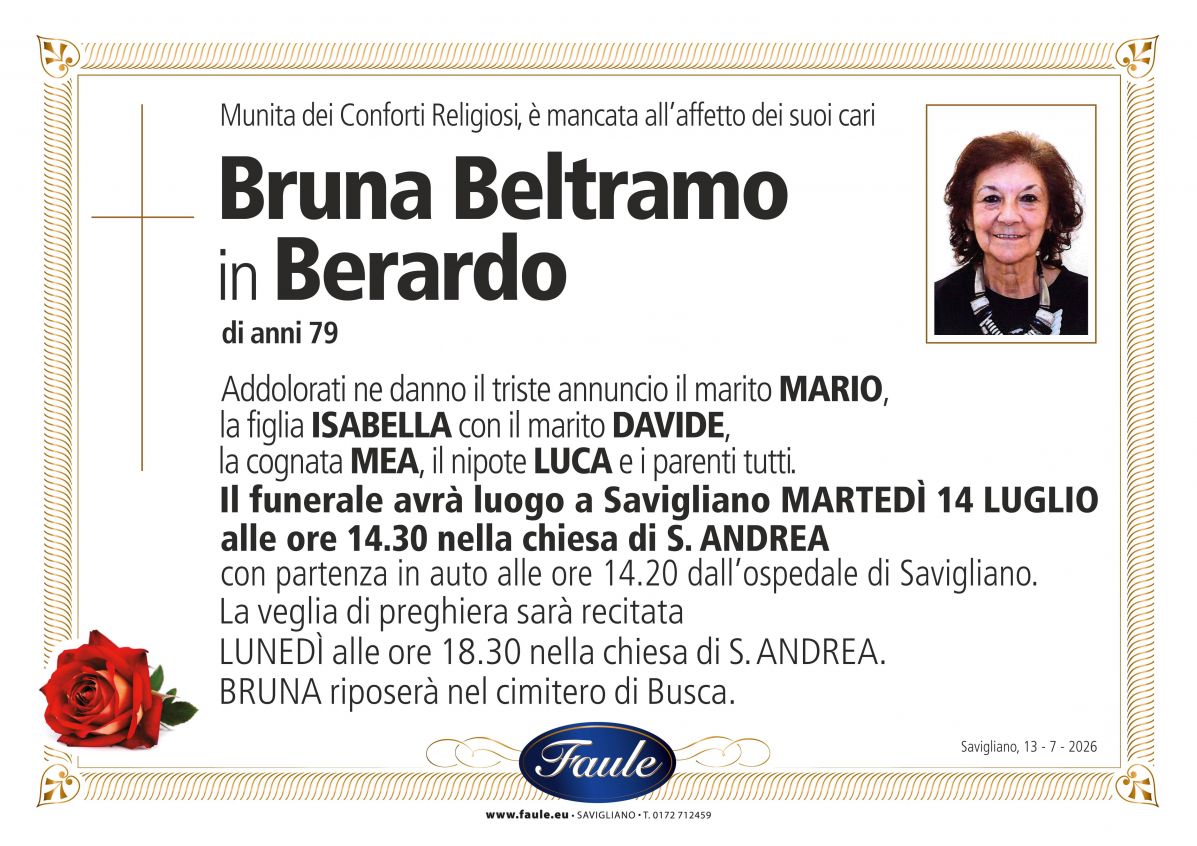 Lutto Bruna Beltramo in Berardo Onoranze funebri Faule