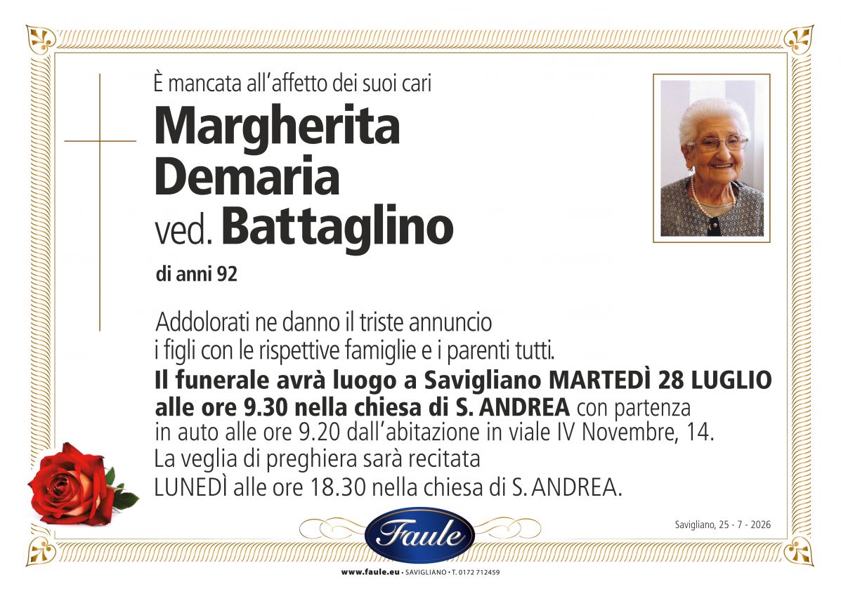 Lutto Margherita Demaria ved. Battaglino Onoranze funebri Faule