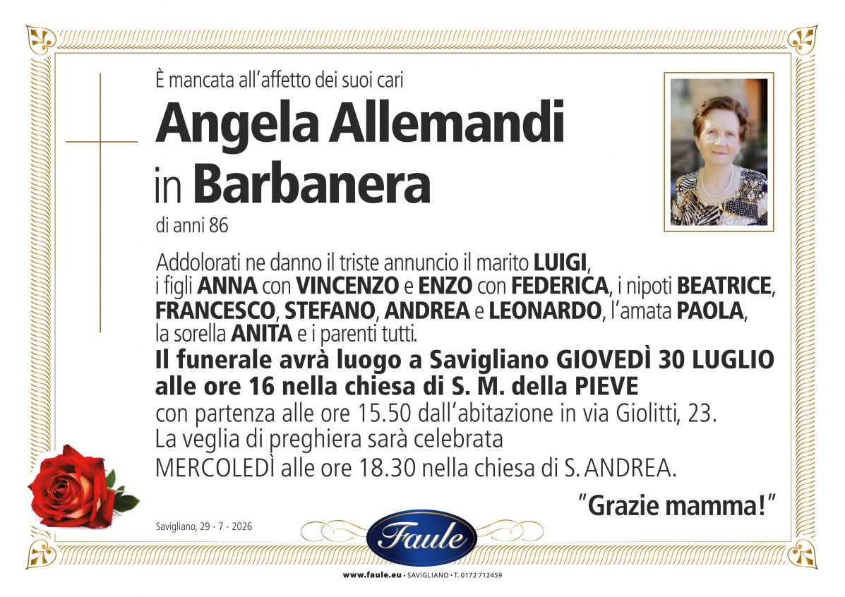 Lutto Angela Allemandi in Barbanera Onoranze funebri Faule