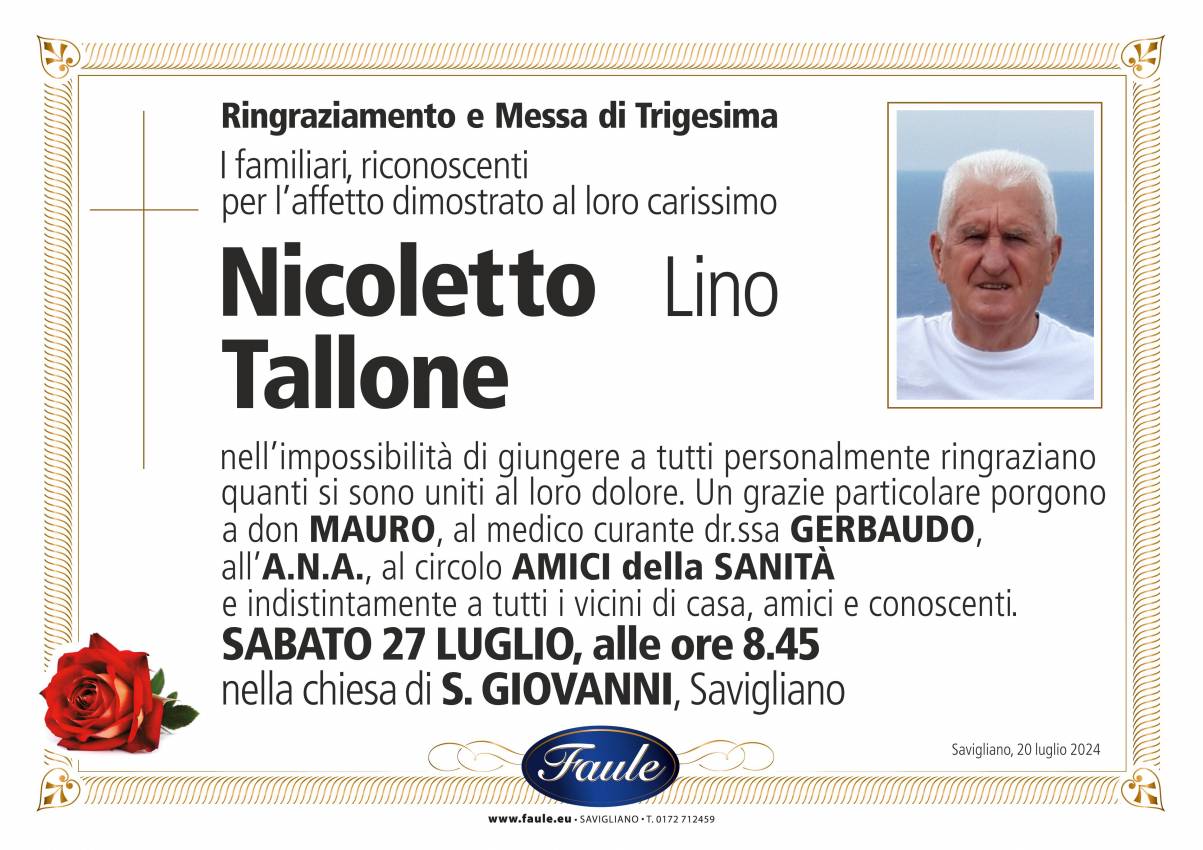 Trigesima Nicoletto Tallone Onoranze funebri Faule