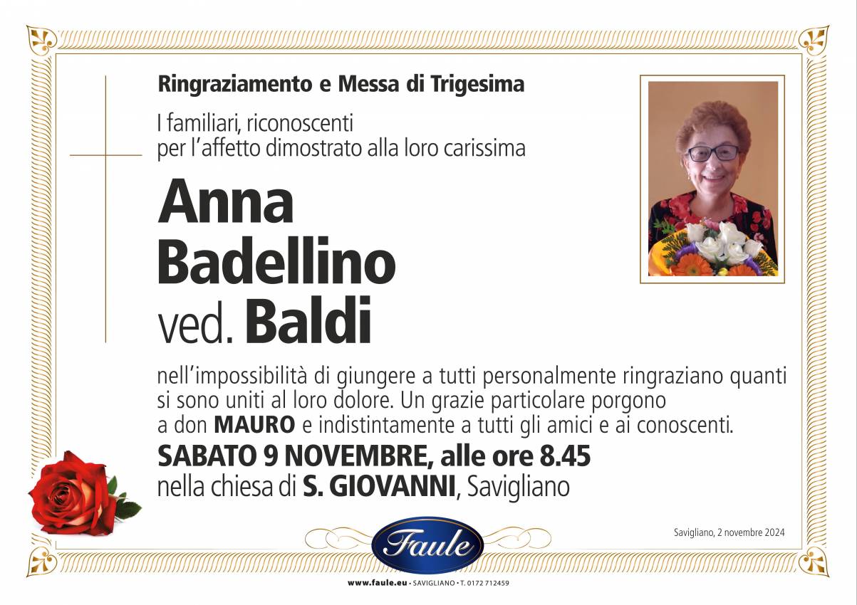 Trigesima Anna Badellino ved. Baldi Onoranze funebri Faule