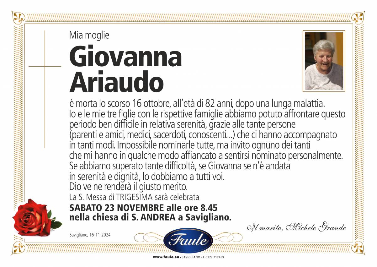 Trigesima Giovanna Ariaudo in Grande Onoranze funebri Faule