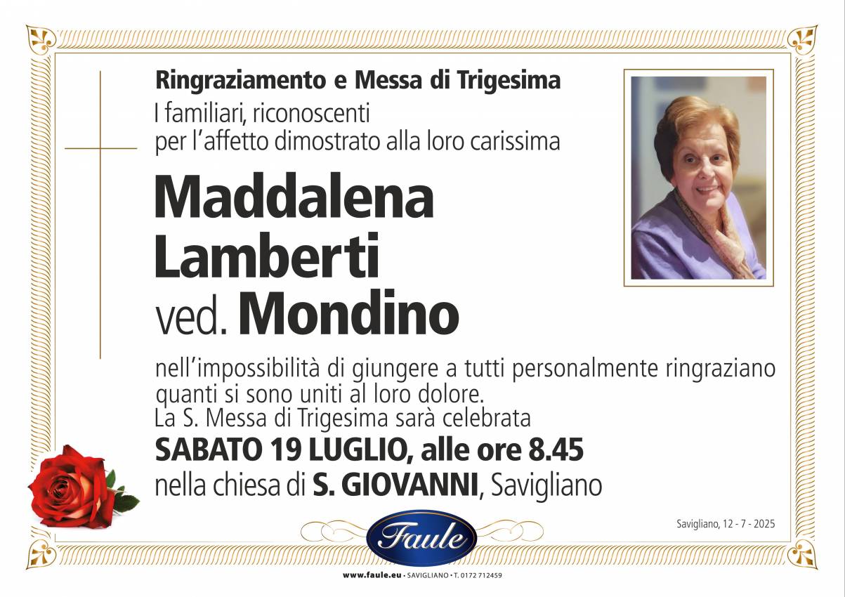 Trigesima Maddalena Lamberti ved. Mondino Onoranze funebri Faule
