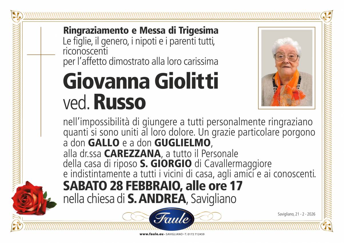 Trigesima Giovanna Giolitti ved. Russo Onoranze funebri Faule