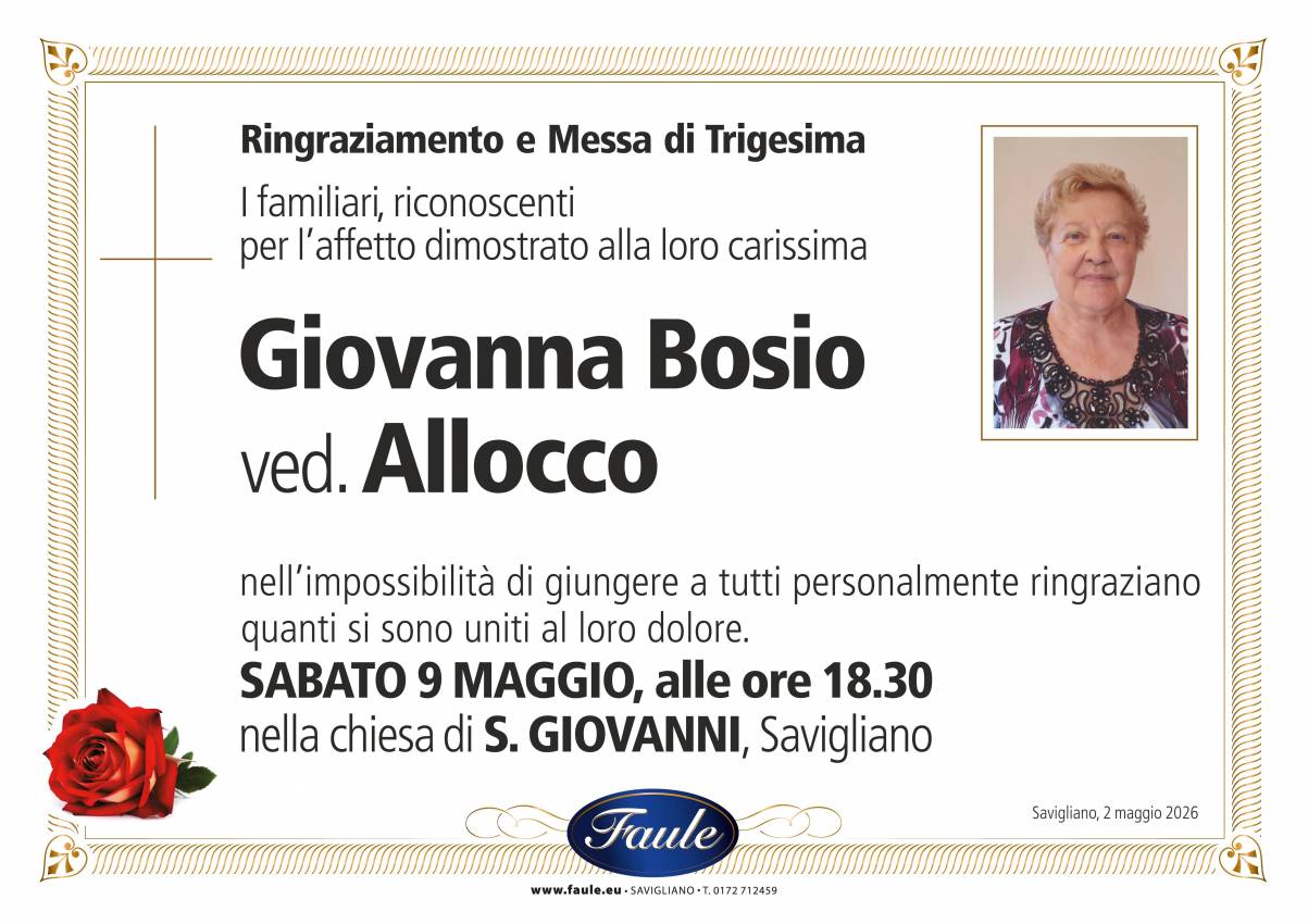 Trigesima Giovanna Bosio ved. Allocco Onoranze funebri Faule