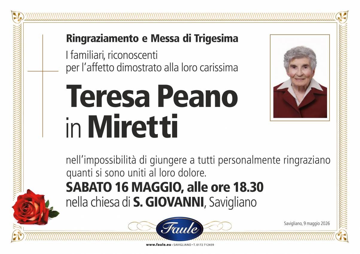 Trigesima Teresa Peano ved. Miretti Onoranze funebri Faule
