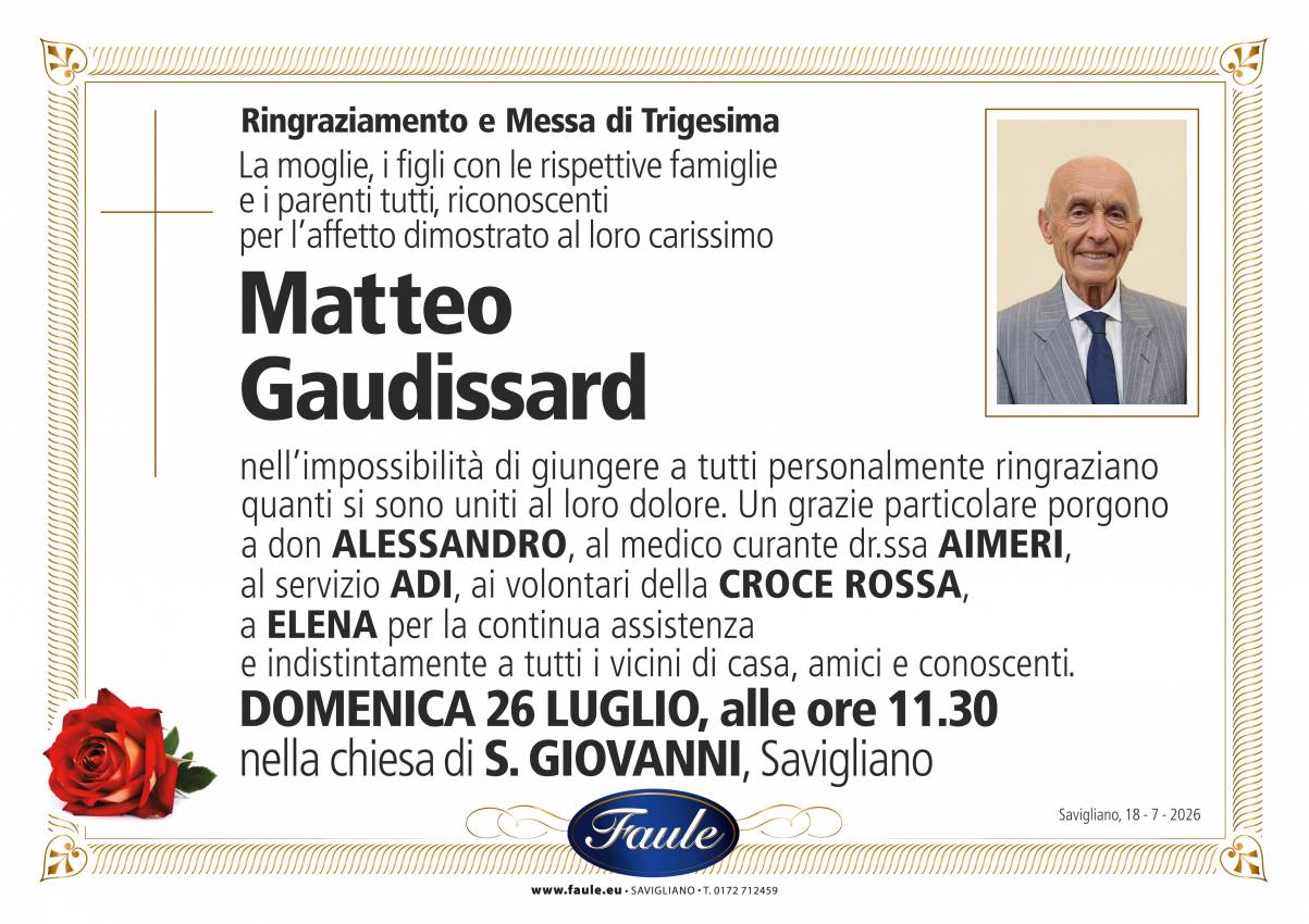 Trigesima Matteo Gaudissard Onoranze funebri Faule