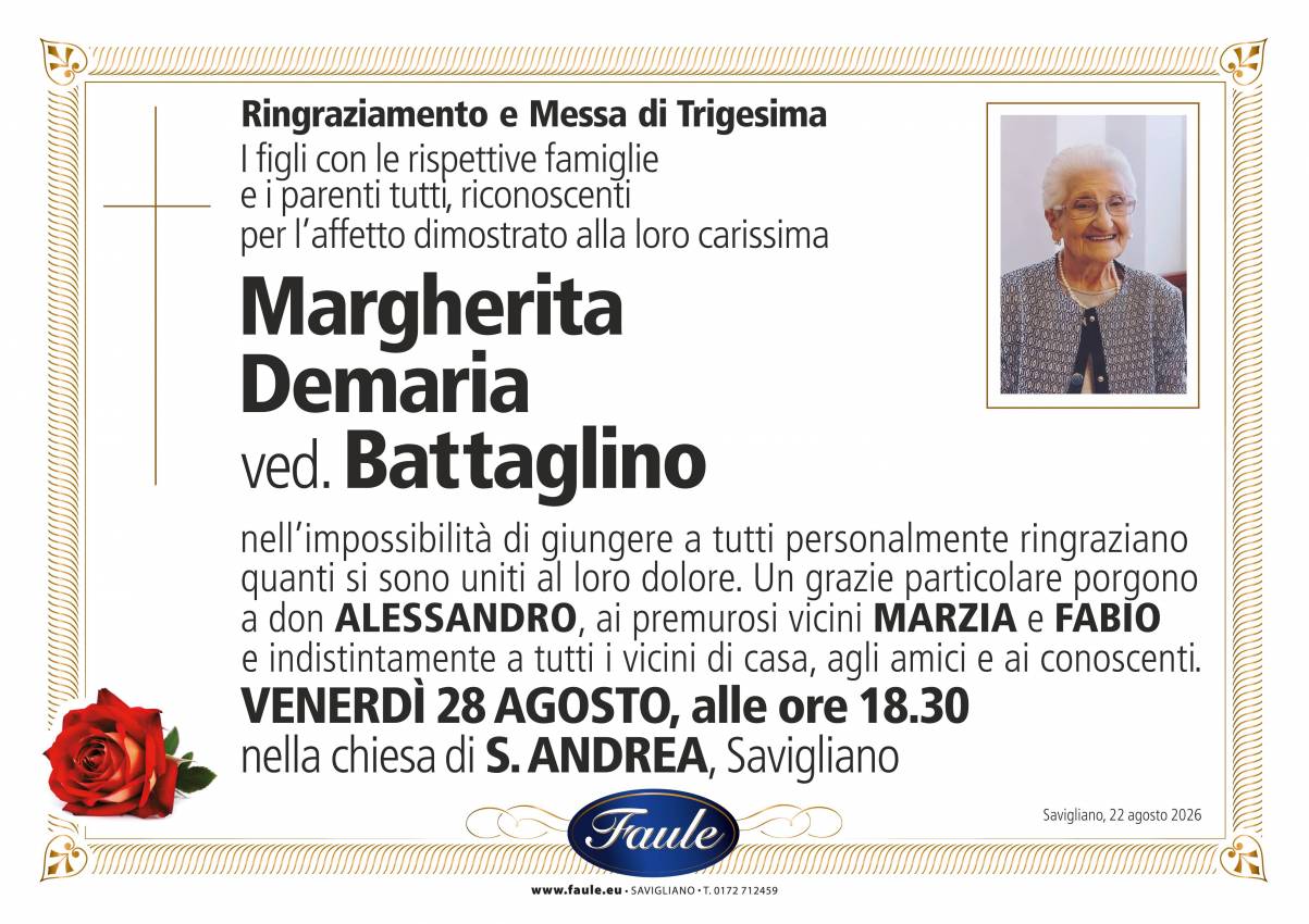 Trigesima Margherita Demaria ved. Battaglino Onoranze funebri Faule