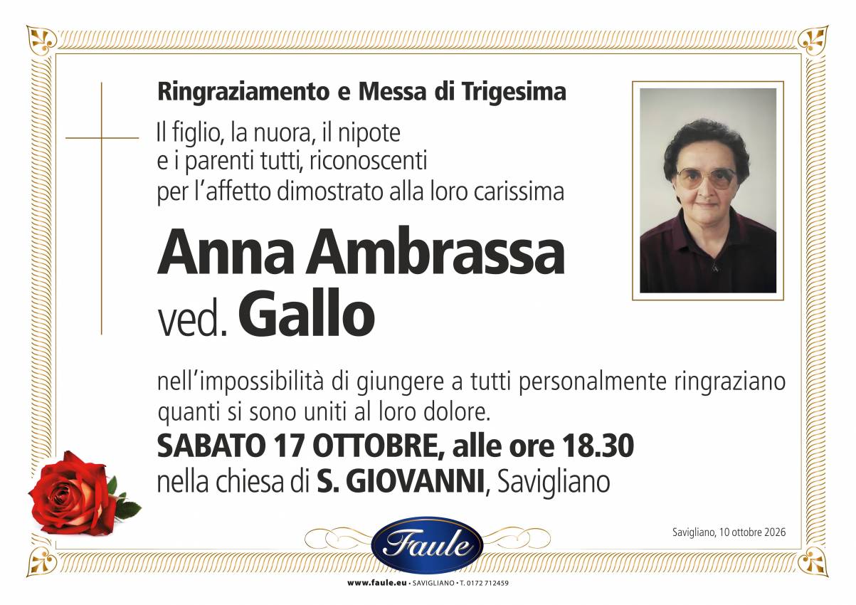 Trigesima Anna Ambrassa ved. Gallo Onoranze funebri Faule
